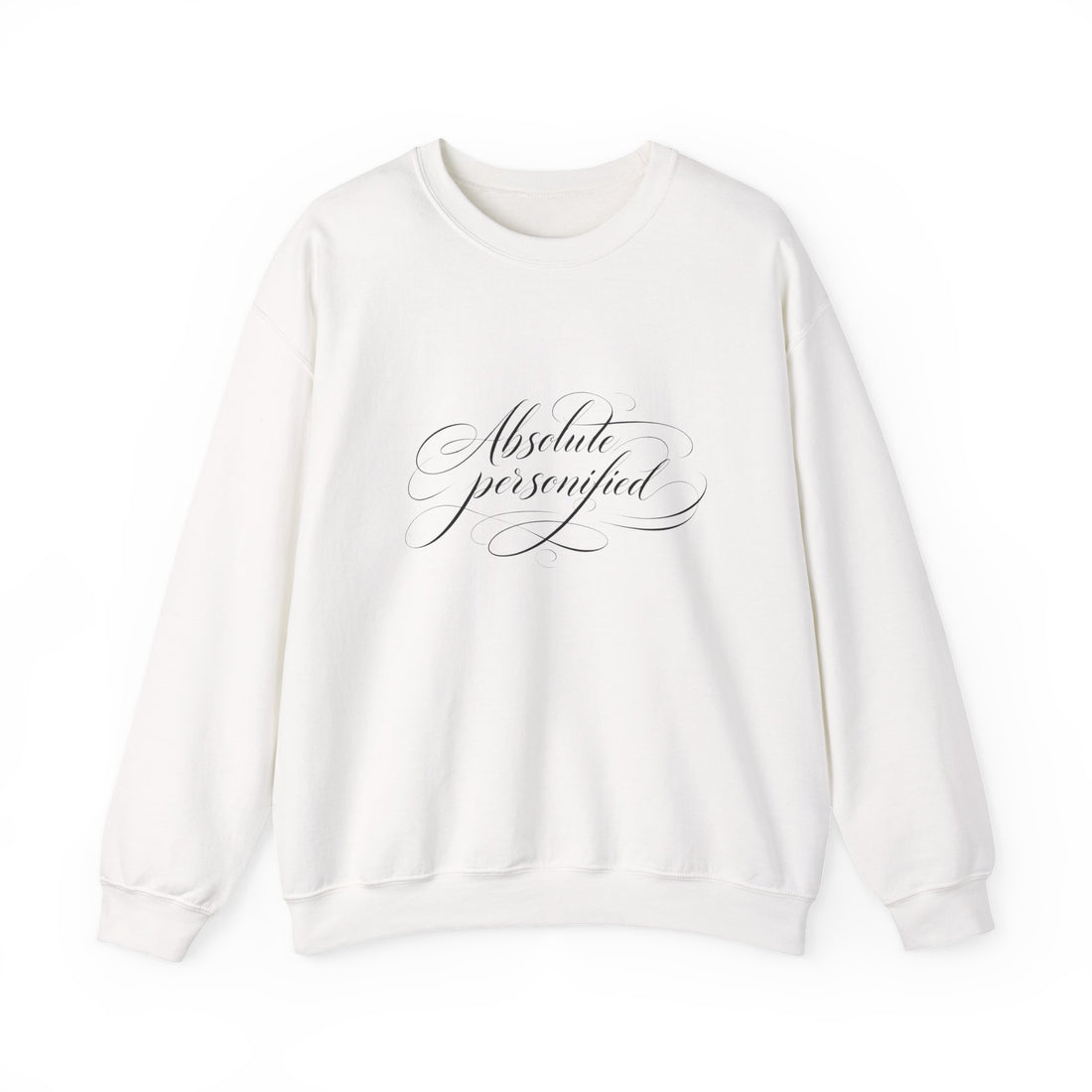 Black crewneck sweatshirt by Printify with "Absolute Perfection" script logo on the front, soft and comfortable fabric.