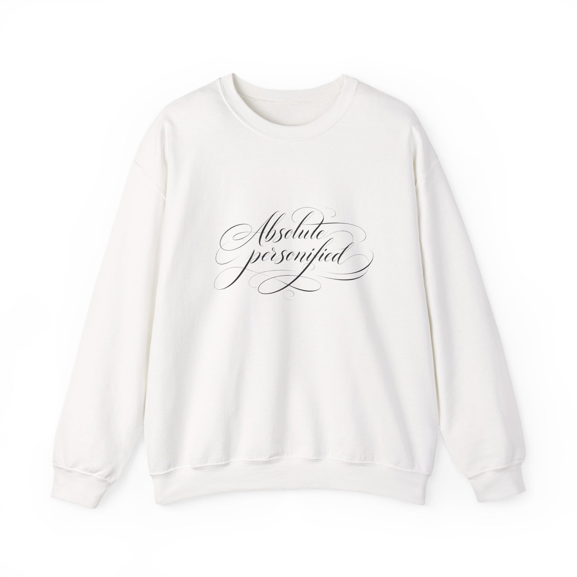 Black crewneck sweatshirt with "Absolute Perfection" script logo from Printify, shown on a flat surface.