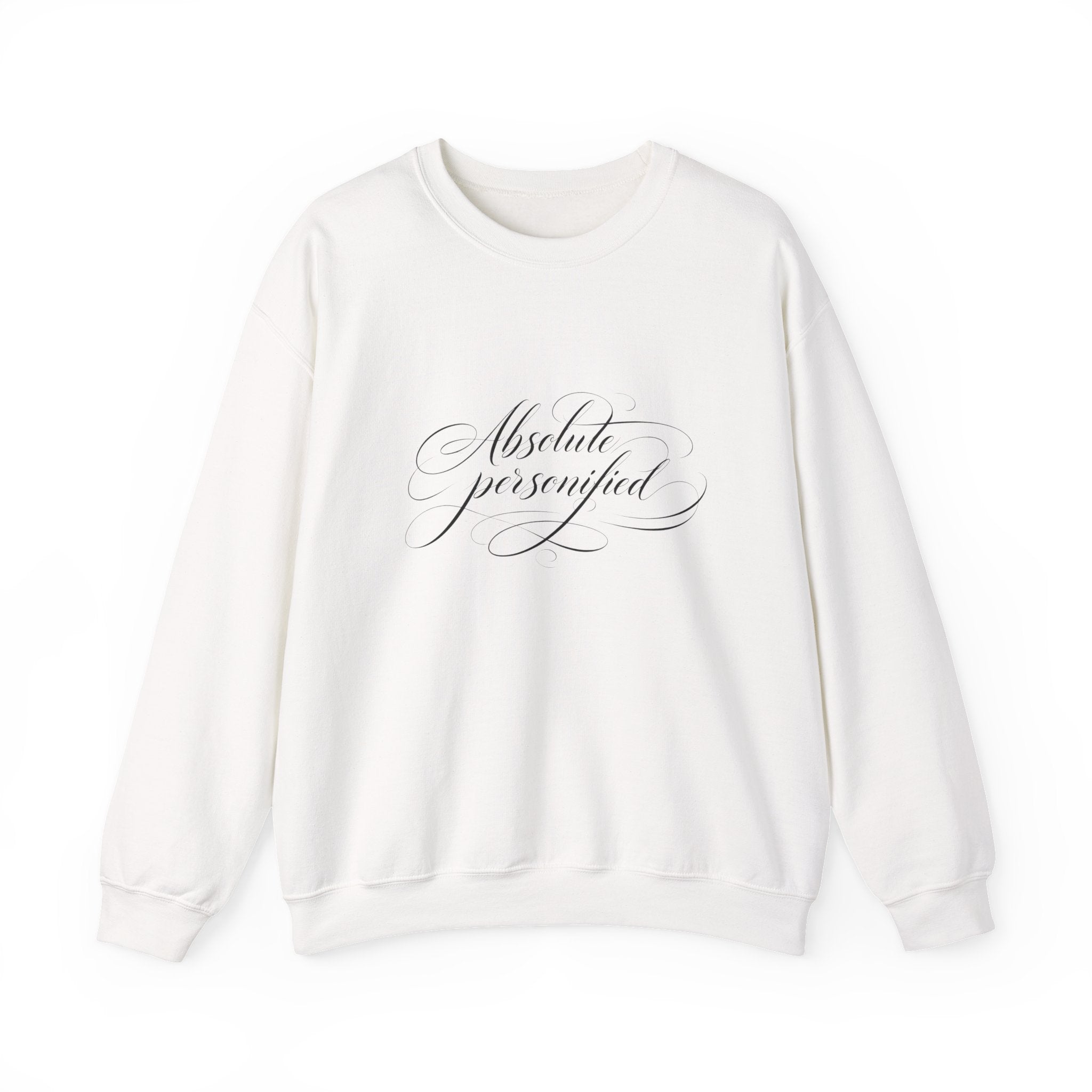 Black crewneck sweatshirt with "Absolute Perfection" script logo from Printify, shown on a flat surface.
