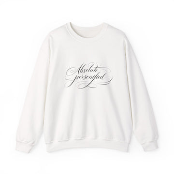 Black crewneck sweatshirt with "Absolute Perfection" script logo from Printify, shown on a flat surface.
