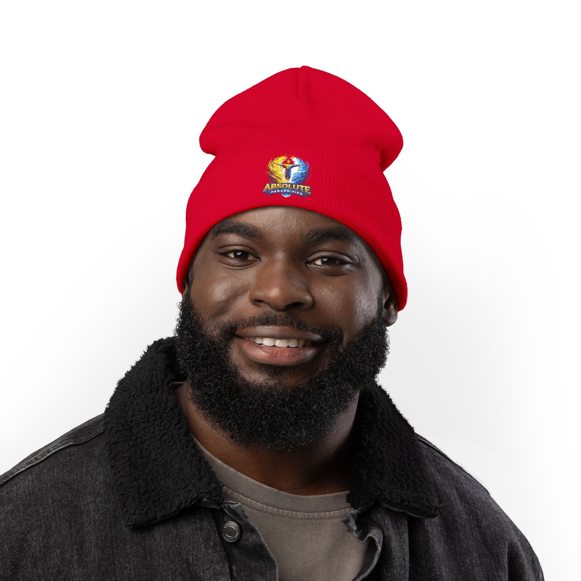 Embroidered 'Absolute Personified' beanie hat with colorful stitching, made by Printify, shown on a neutral background.