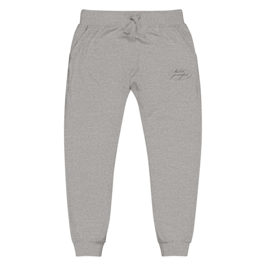 Embroidered scripted "Absolute Personified" Printify sweatpants with relaxed fit and stylish design, shown in a close-up view.
