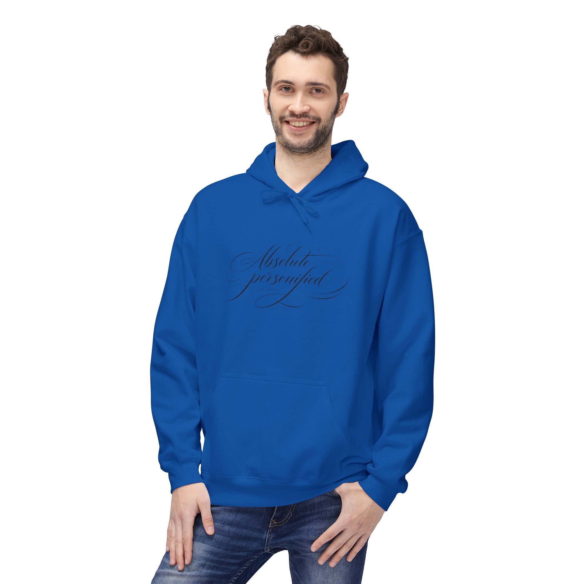 Black Scripted 'Absolute Personified' hoodie by Printify featuring bold white text on front, casual fit, and cozy fabric.