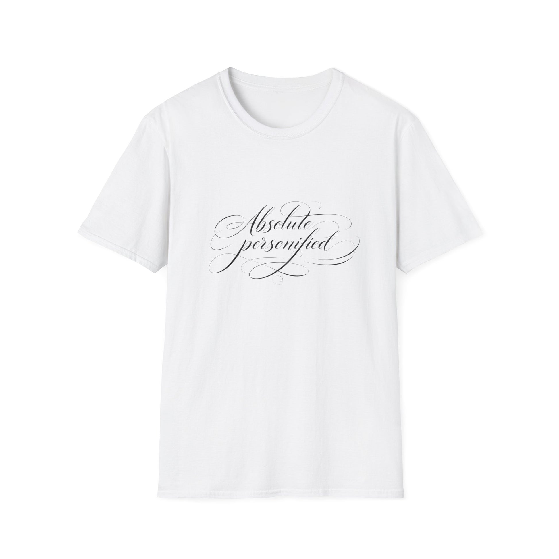 Black scripted 'Absolute Personified' T-Shirt by Printify, featuring bold white lettering on a casual cotton tee.