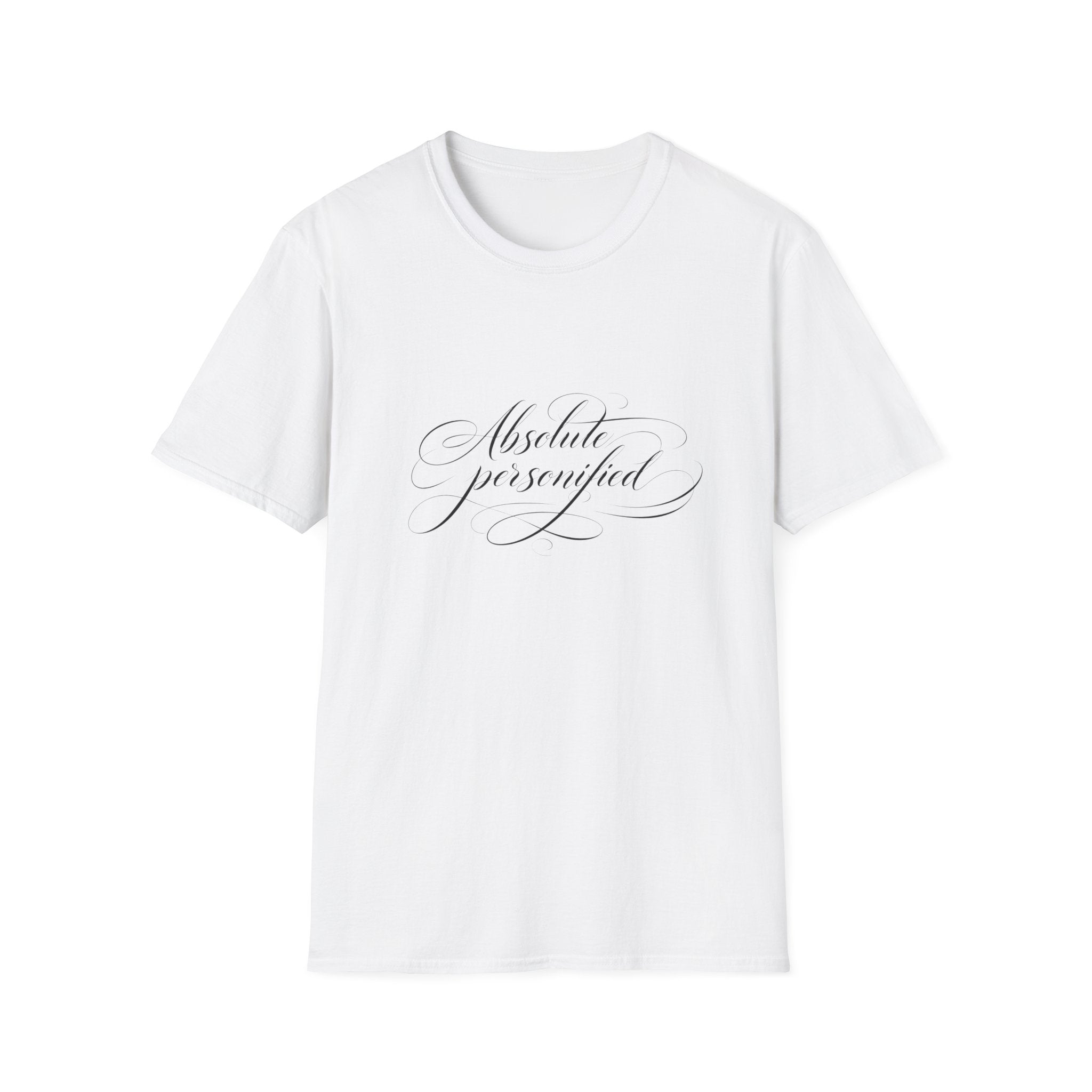 Black scripted 'Absolute Personified' T-Shirt by Printify, featuring bold white lettering on a casual cotton tee.