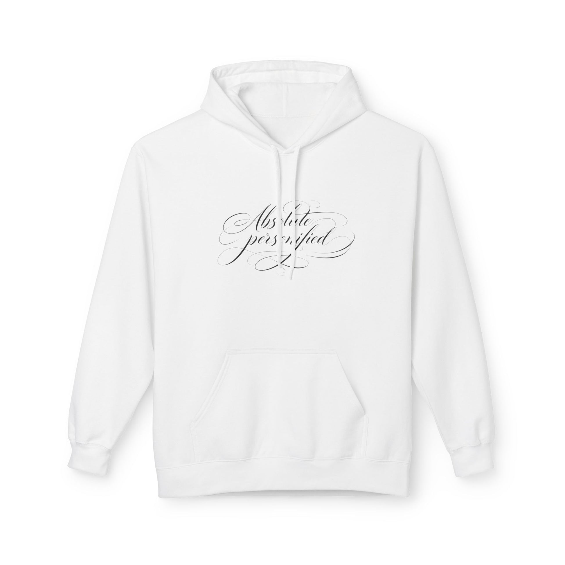 Black hoodie with "Absolute Personified" scripted print by Printify, featuring a comfortable fit and stylish design.