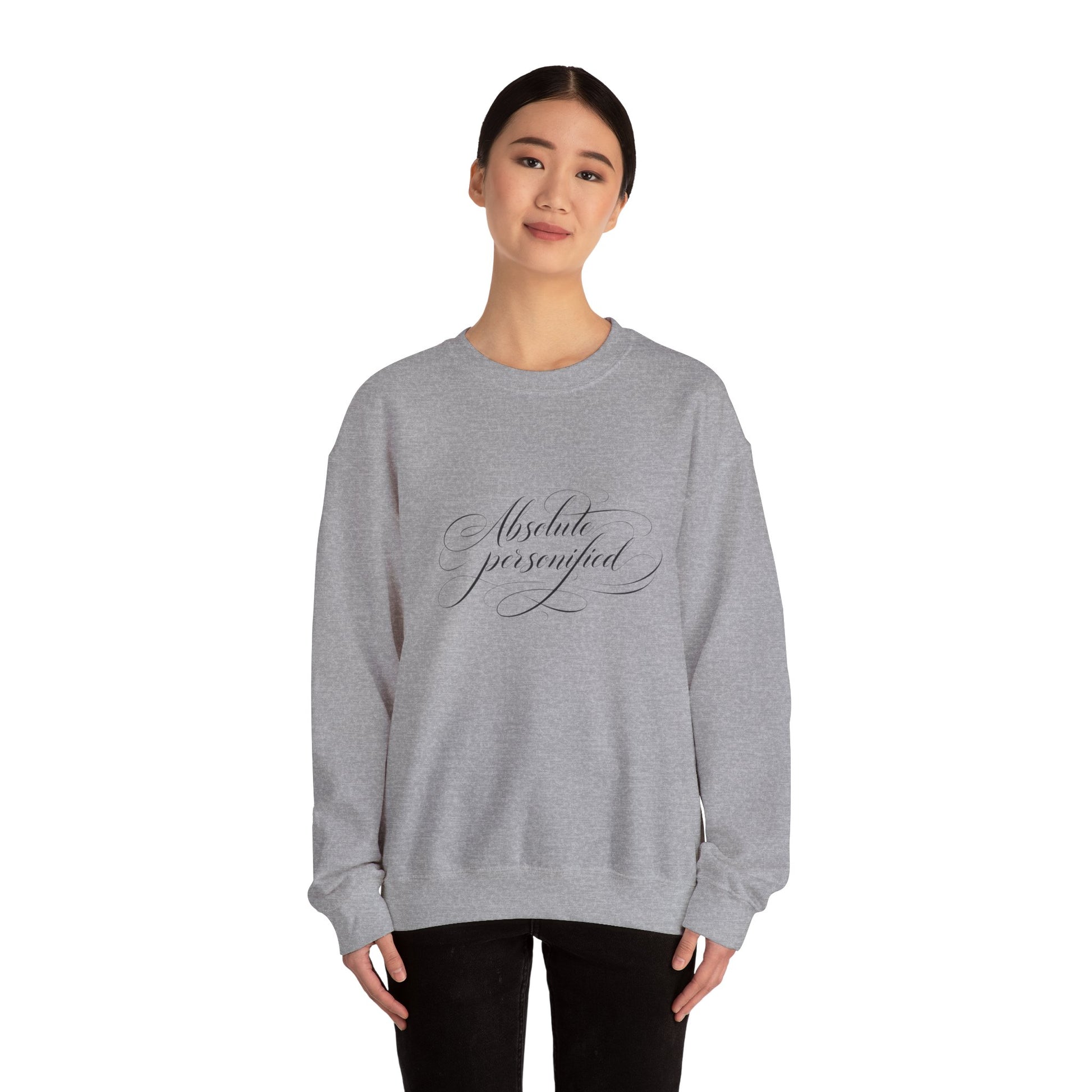 Black crewneck sweatshirt featuring the "Absolute Perfection" script logo printed on the front, stylish and comfortable.