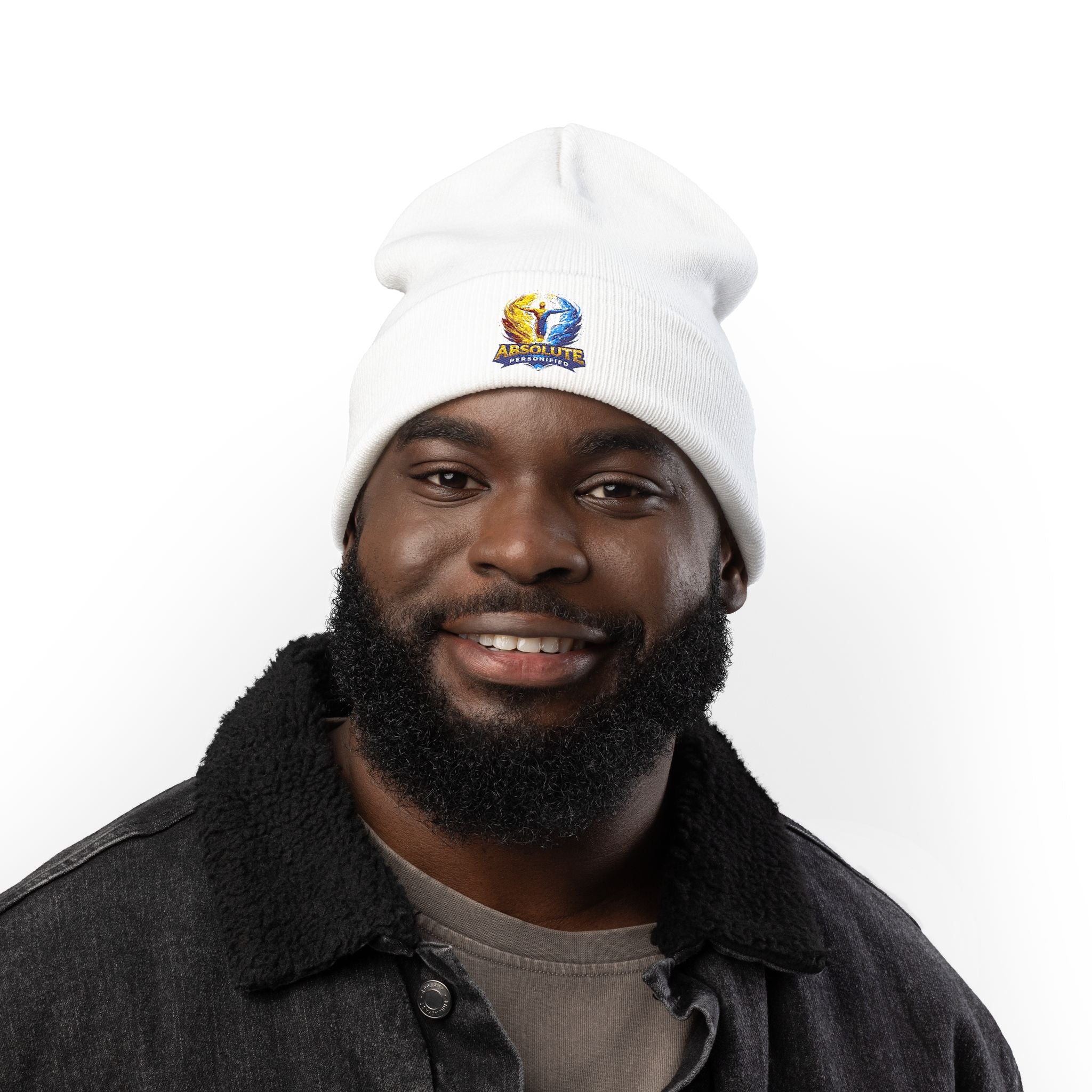 Embroidered "Absolute Personified" beanie hat by Printify featuring colorful stitched design and cozy knit fabric.