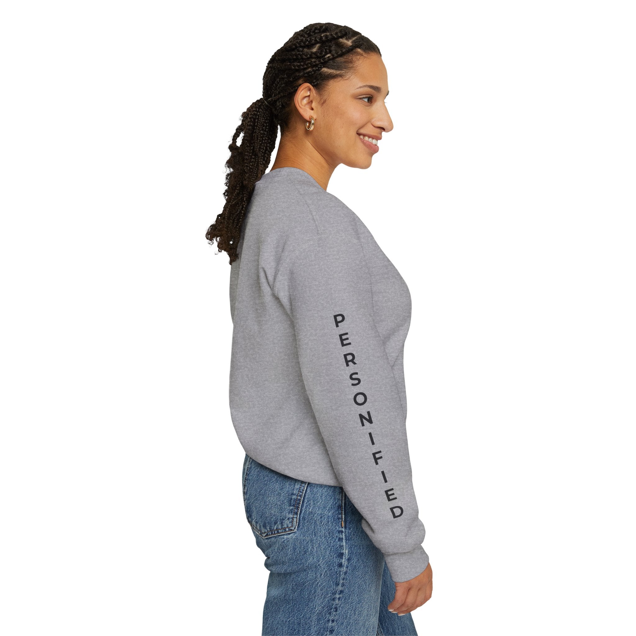 Printify Absolute Personified vertical text sweatshirt featuring bold black lettering on a casual, comfortable fabric sweatshirt.