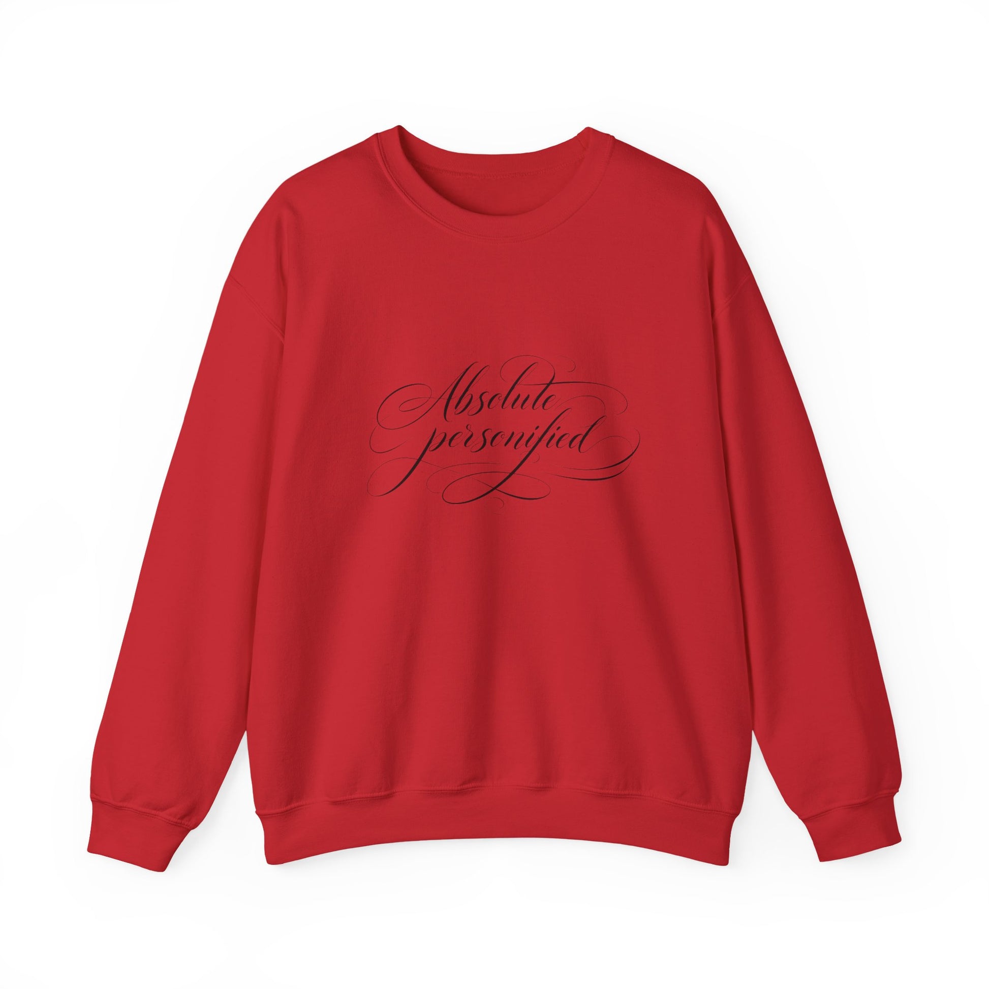 Black crewneck sweatshirt with "Absolute Perfection" script logo printed on the front, by Printify.