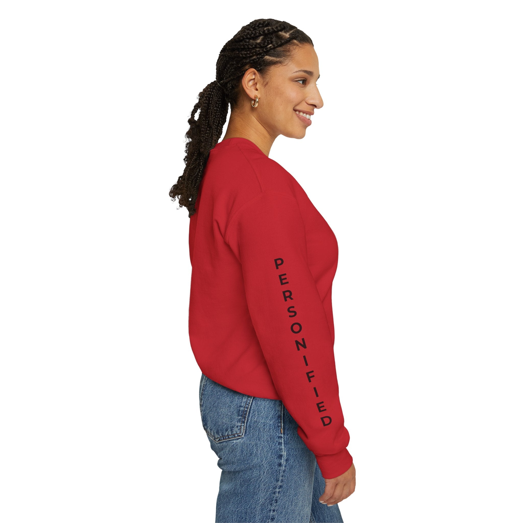 Printify Absolute Personified vertical text sweatshirt featuring bold black lettering on a comfortable fabric sweatshirt.