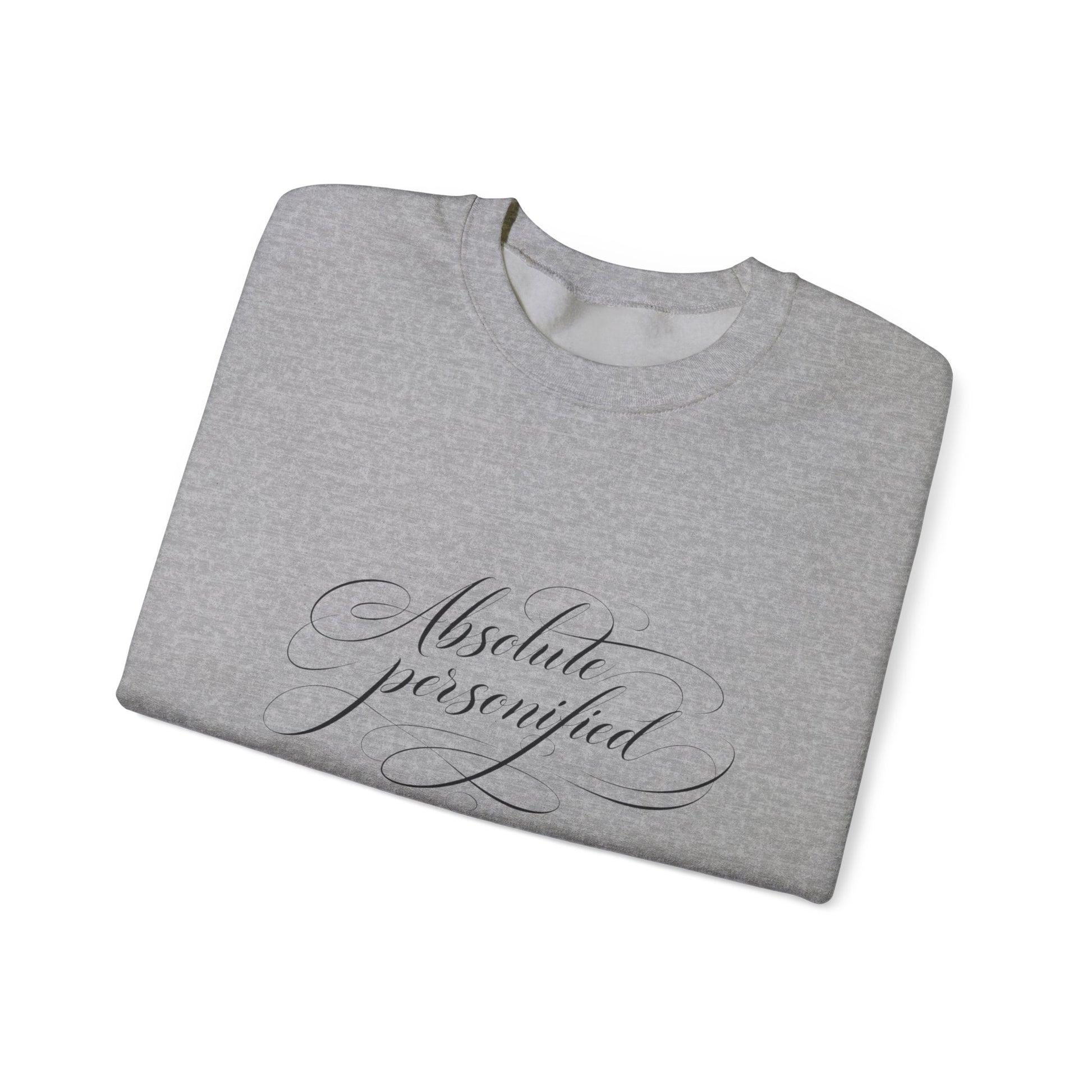 Black crewneck sweatshirt featuring the "Absolute Perfection" script logo printed on the front by Printify.