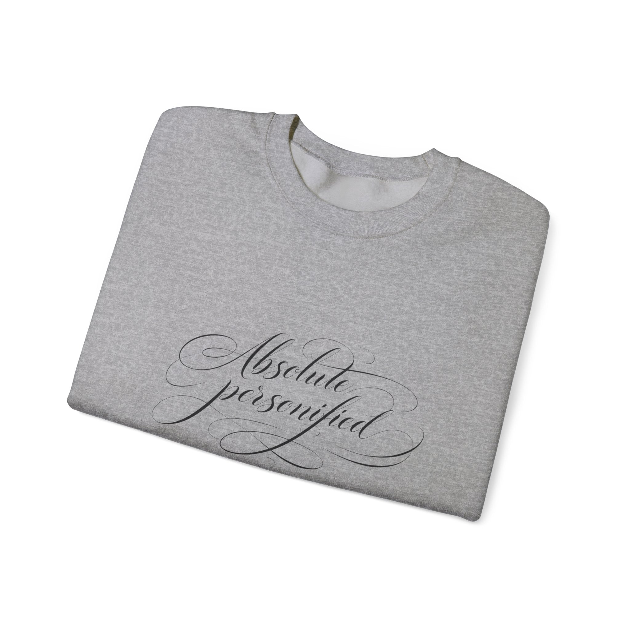 Black crewneck sweatshirt featuring the "Absolute Perfection" script logo printed on the front by Printify.