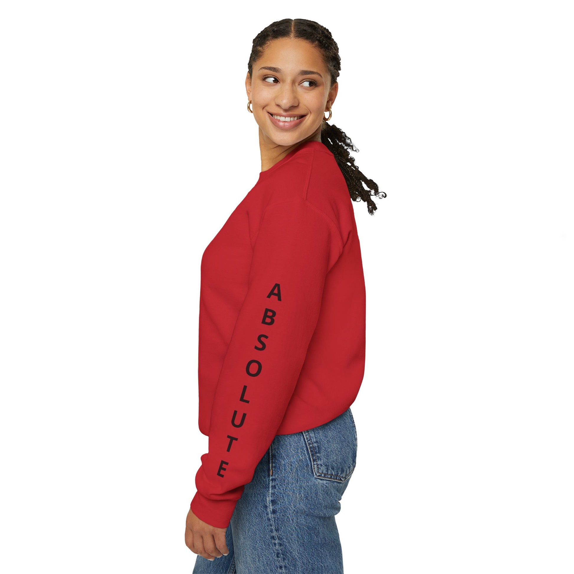 Printify Absolute Personified Vertical Text sweatshirt, black crewneck with bold vertical graphic design on front.