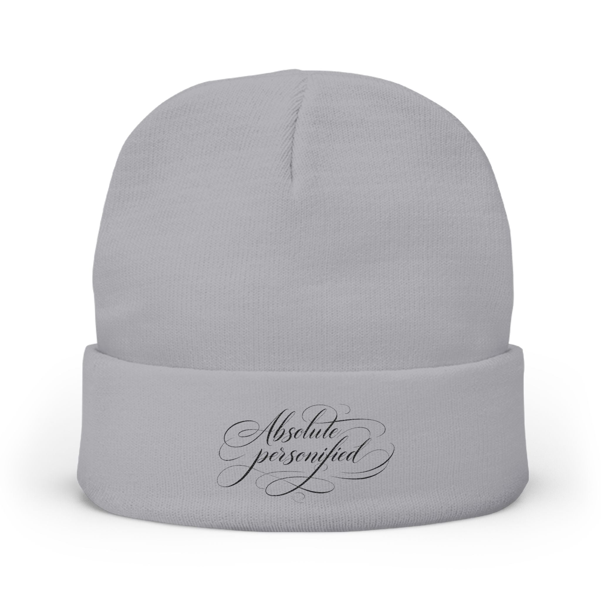 Embroidered black beanie hat with scripted "Absolute Personified" design, made by Printify, featuring a cozy knit texture.