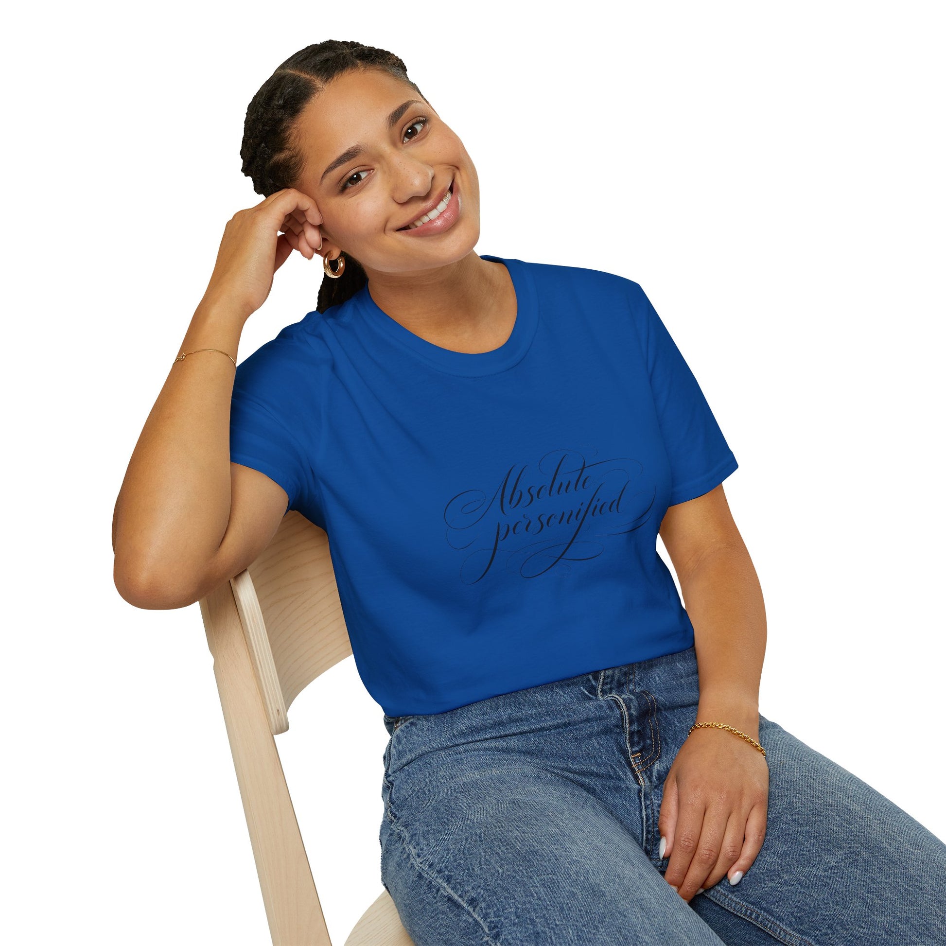 Black scripted 'Absolute Personified' T-Shirt by Printify, featuring bold white text on the front.