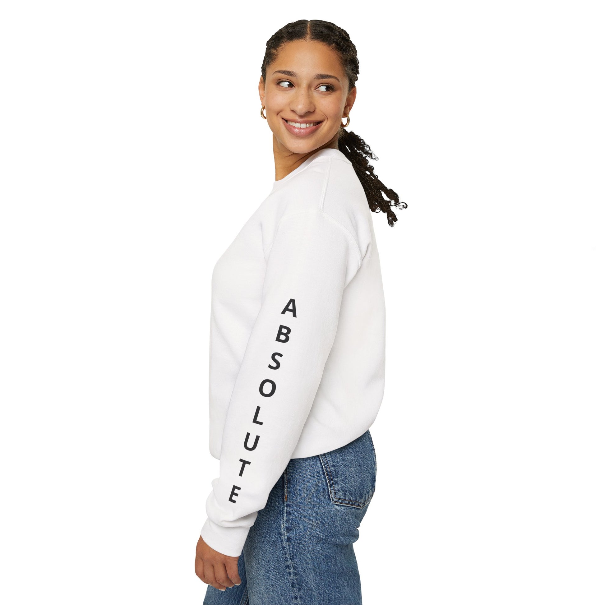Black sweatshirt with vertical "Absolute Personified" text print, made by Printify, displayed on a plain background.