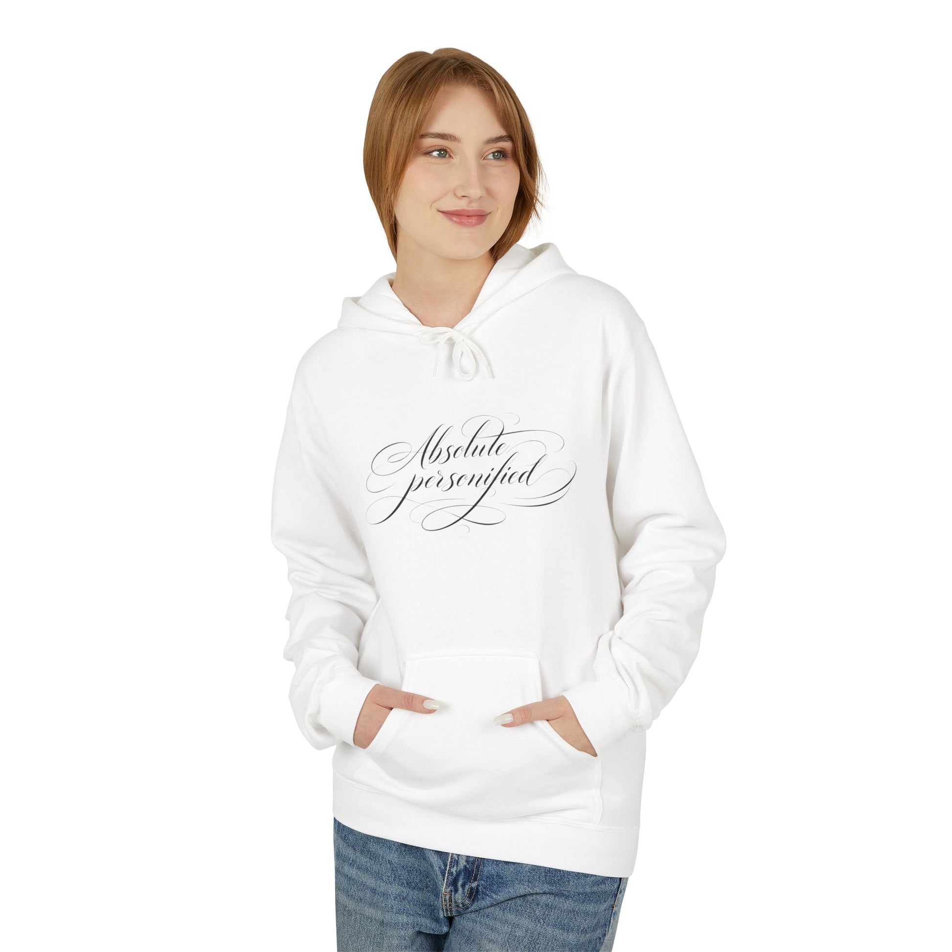 Black hoodie with scripted "Absolute Personified" text, printed by Printify, shown on a plain background.