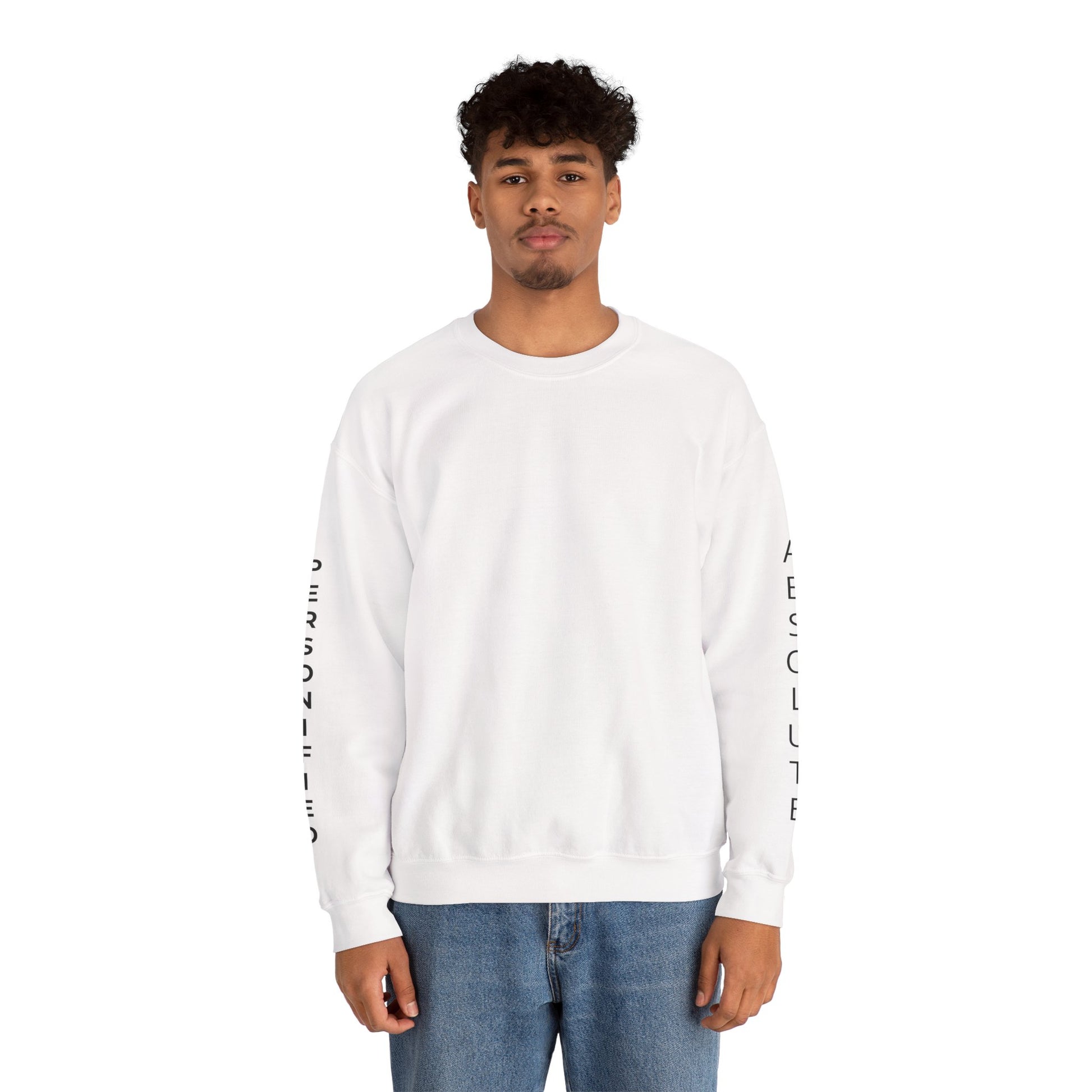 Printify Absolute Personified vertical text sweatshirt with bold black lettering on a cozy gray sweatshirt, front view.