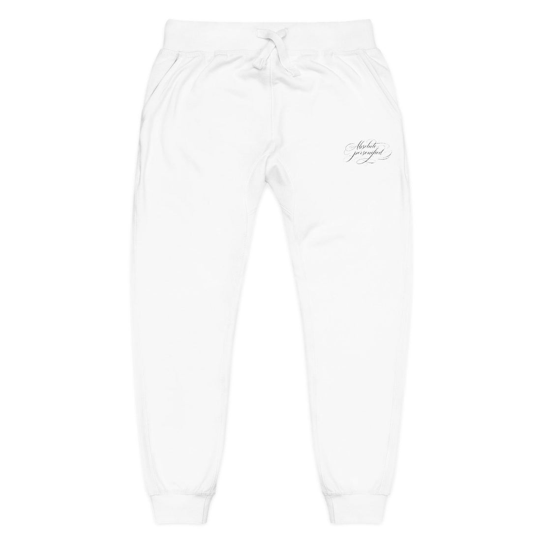 Embroidered scripted "Absolute Personified" Printify sweatpants with relaxed fit and stylish design, shown in a close-up view.